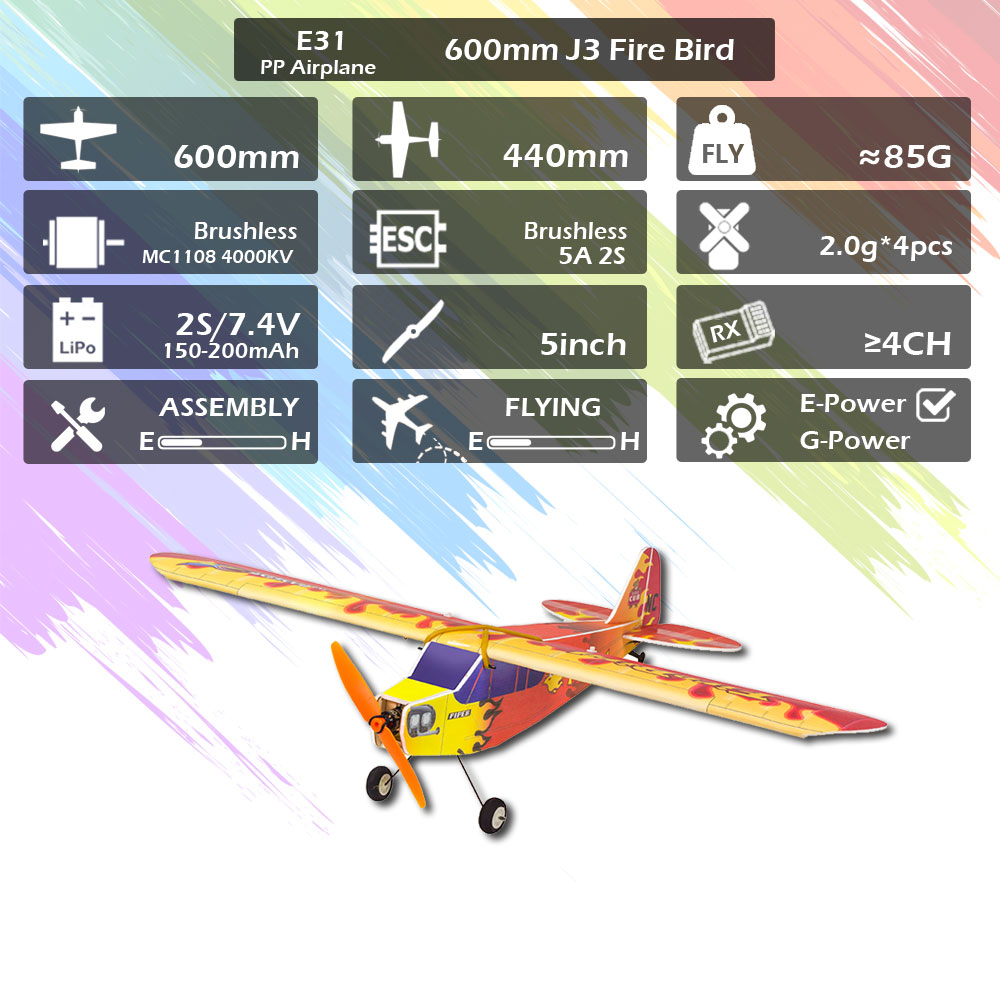 Dancing-Wings-Hobby-E31-J3-FireBird-600mm-Spannweite-PP-Foam-RC-Flugzeug-mit-starrem-Fluumlgel-Bausa-1982205-1